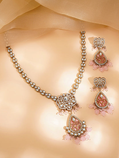 Pastel Pink Beaded Kundan Teardrop Pendant Necklace Set