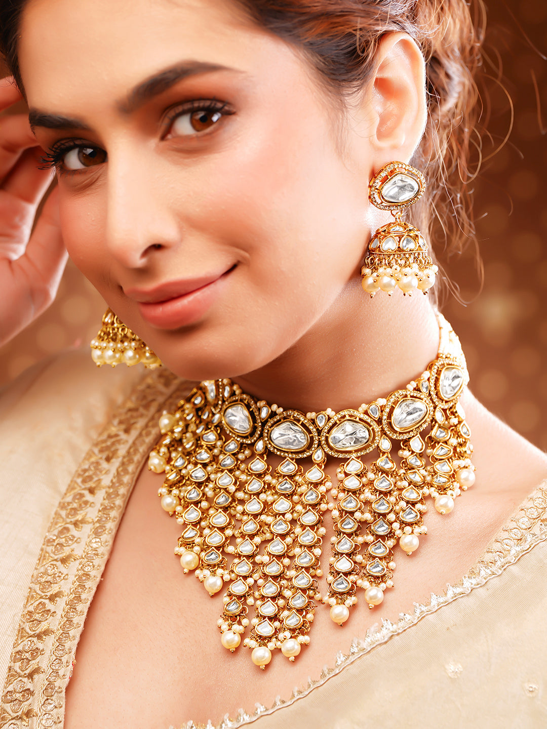 Gold-Plated Kundan &amp; CZ Multilayer Necklace Set with Pearls