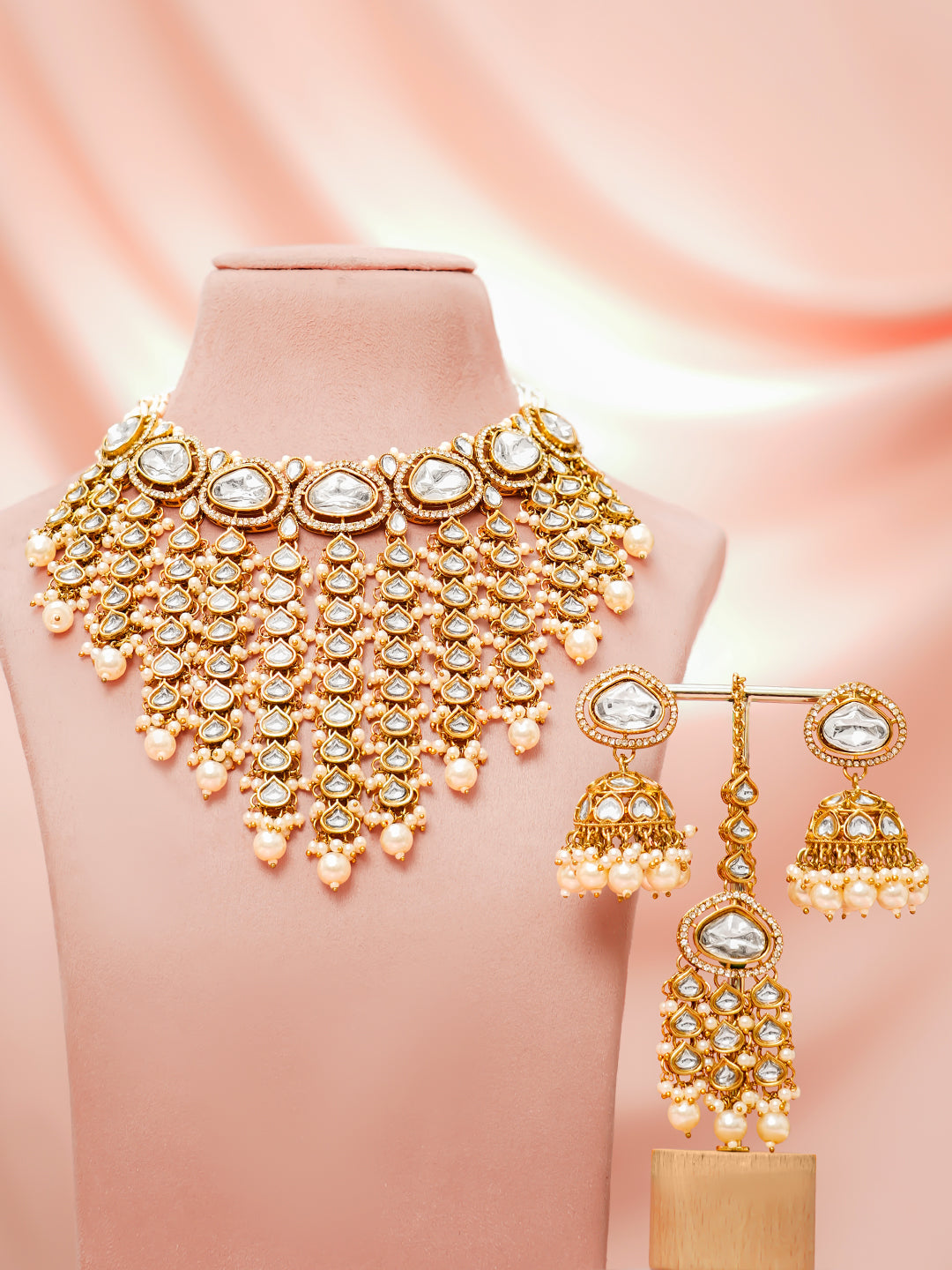 Gold-Plated Kundan &amp; CZ Multilayer Necklace Set with Pearls