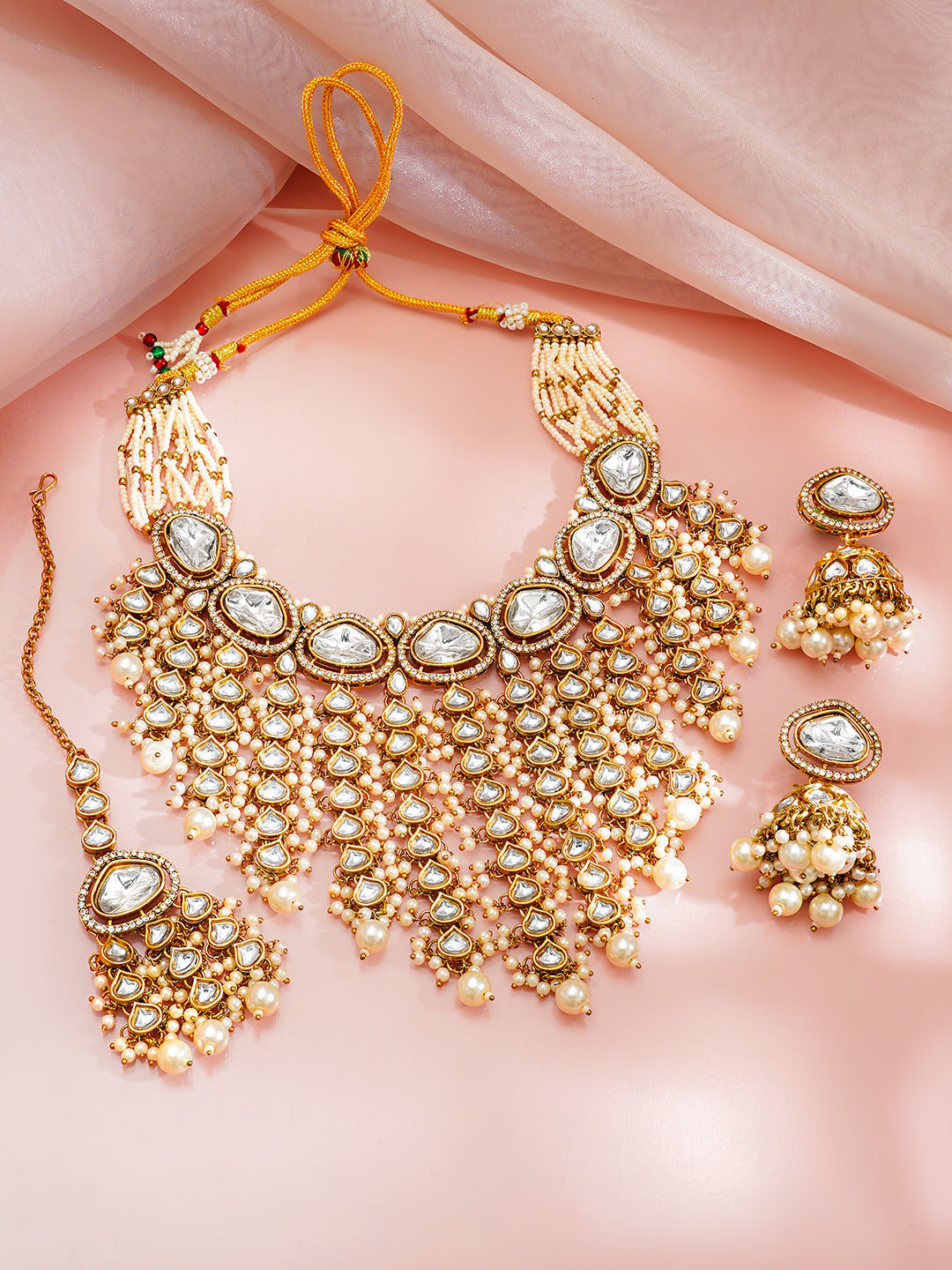 Gold-Plated Kundan &amp; CZ Multilayer Necklace Set with Pearls