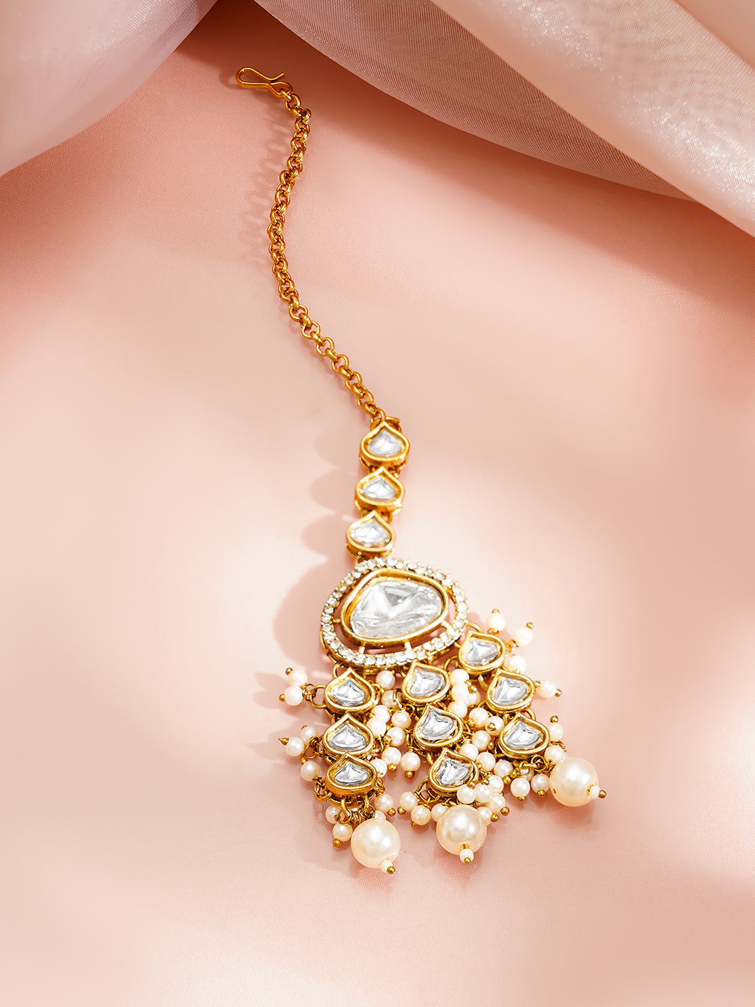 Gold-Plated Kundan &amp; CZ Multilayer Necklace Set with Pearls