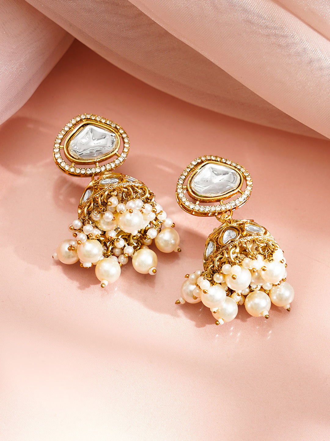 Gold-Plated Kundan &amp; CZ Multilayer Necklace Set with Pearls