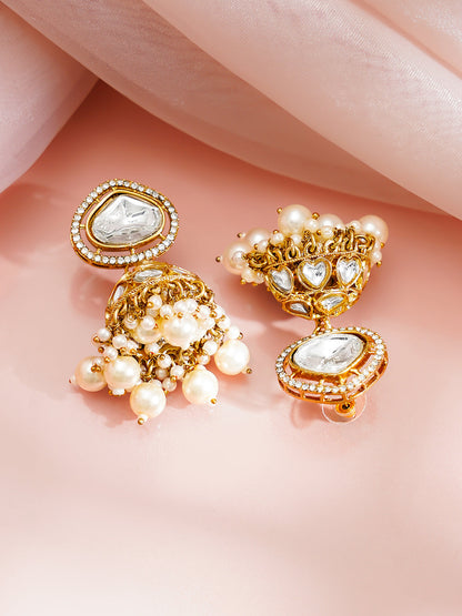 Gold-Plated Kundan &amp; CZ Multilayer Necklace Set with Pearls