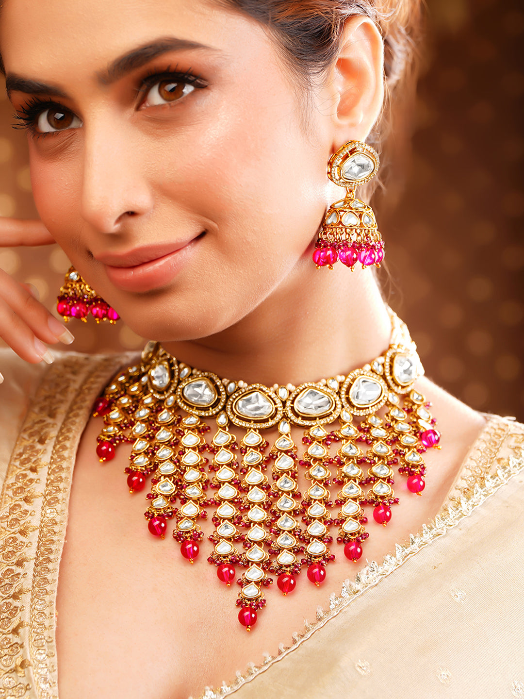 Gold Plated Kundan Pearl Choker Necklace Set With Pink Bead Detailing