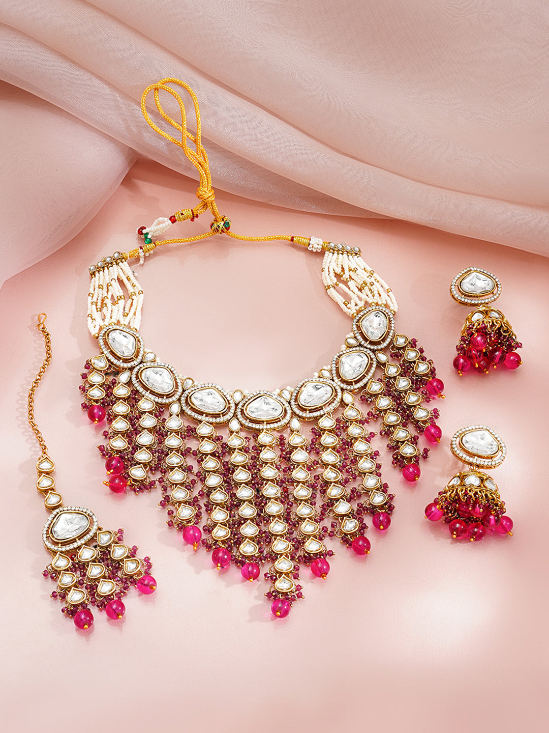 Gold Plated Kundan Pearl Choker Necklace Set With Pink Bead Detailing