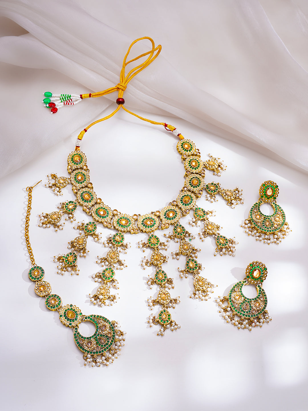 Gold Plated Kundan Pearl Beaded Emerald Necklace Set With MaangTikka