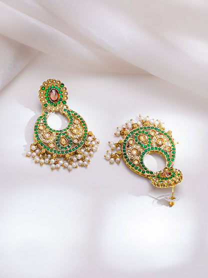 Gold Plated Kundan Pearl Beaded Emerald Necklace Set With MaangTikka