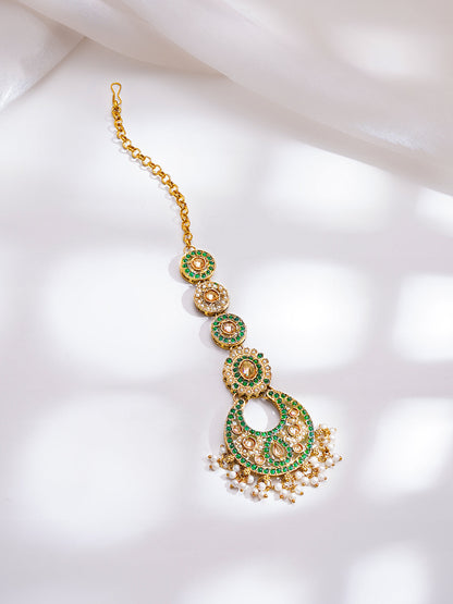 Gold Plated Kundan Pearl Beaded Emerald Necklace Set With MaangTikka