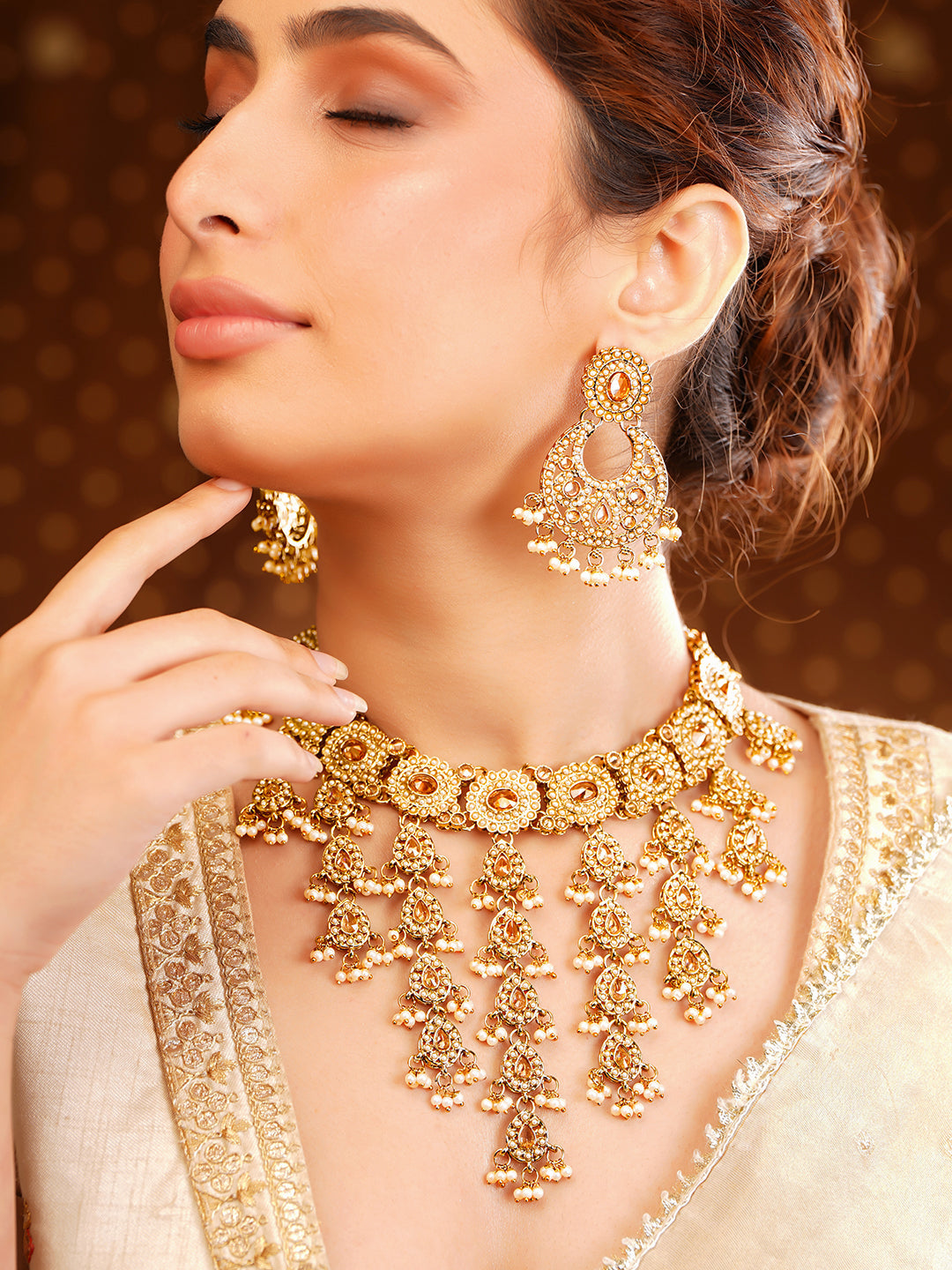 Gold Plated Kundan Pearl Beaded Necklace Set