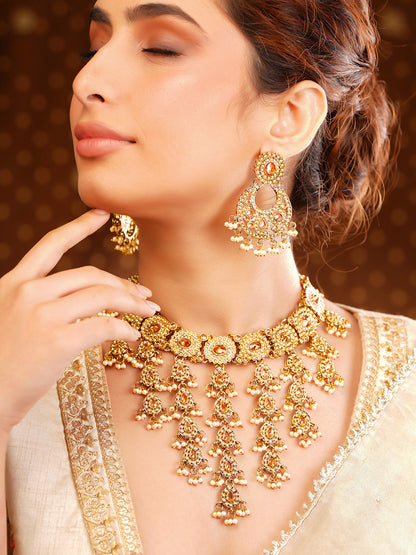 Gold Plated Kundan Pearl Beaded Necklace Set