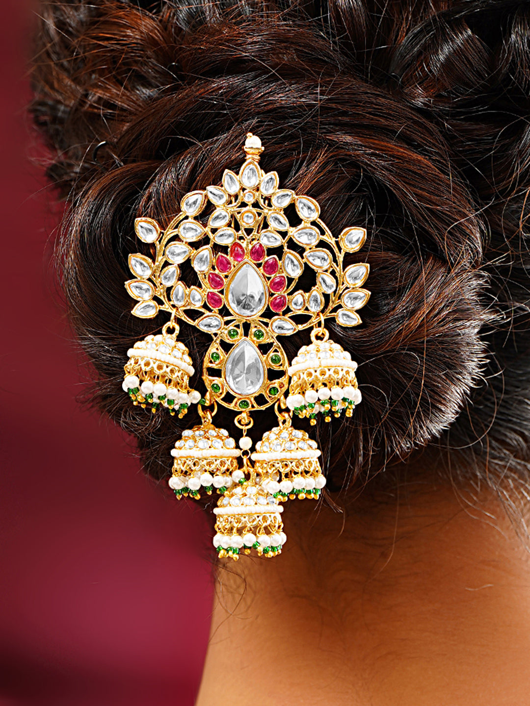 Gold Plated Pearl Beaded Kundan Hair Accessory