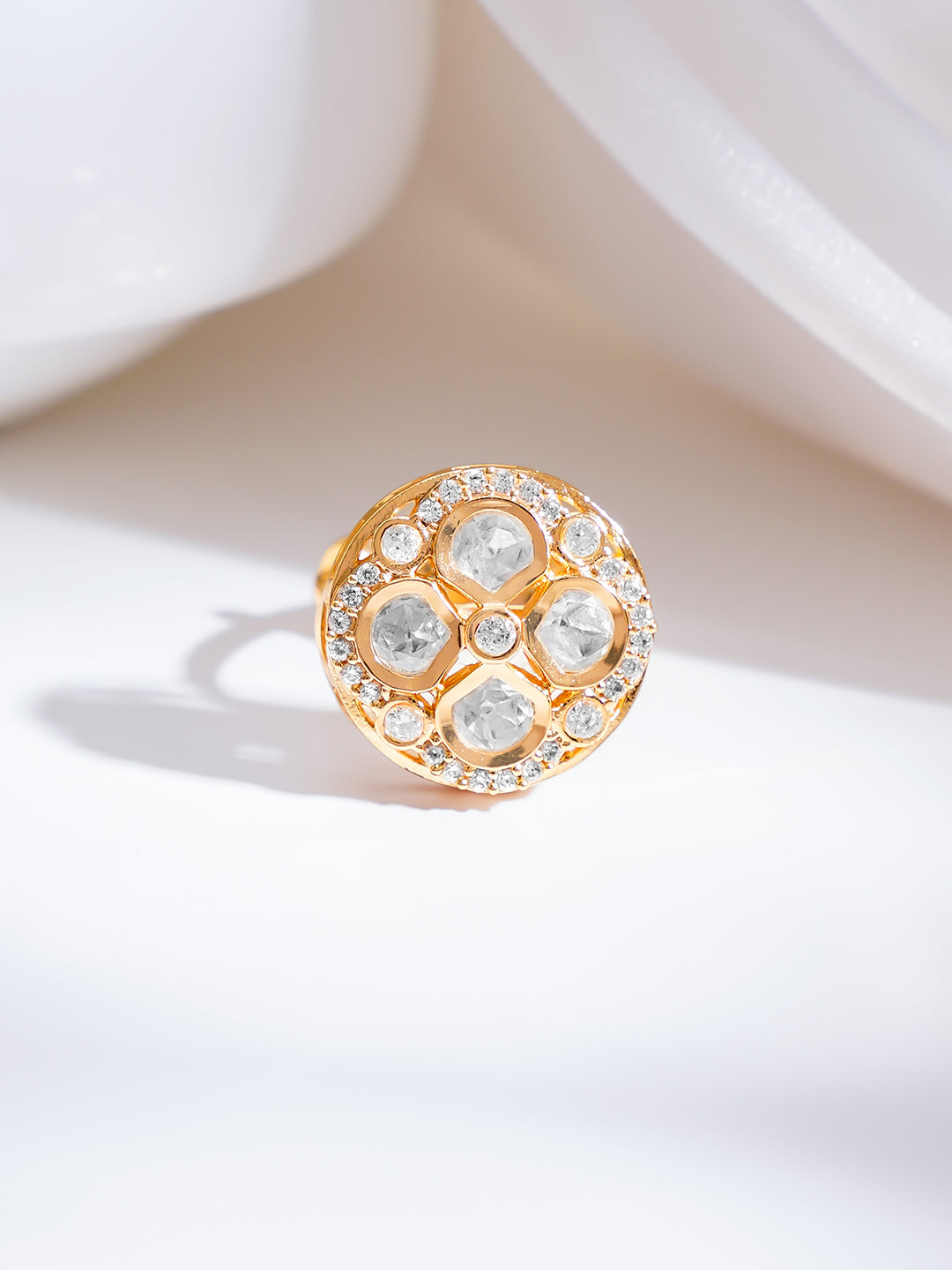 Gold Plated Kundan Halo Adjustable Ring