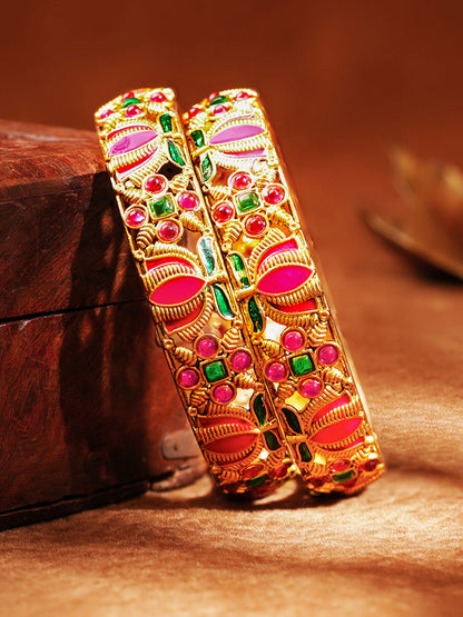 Set Of 2 Meenakari Lotus Bangle Set
