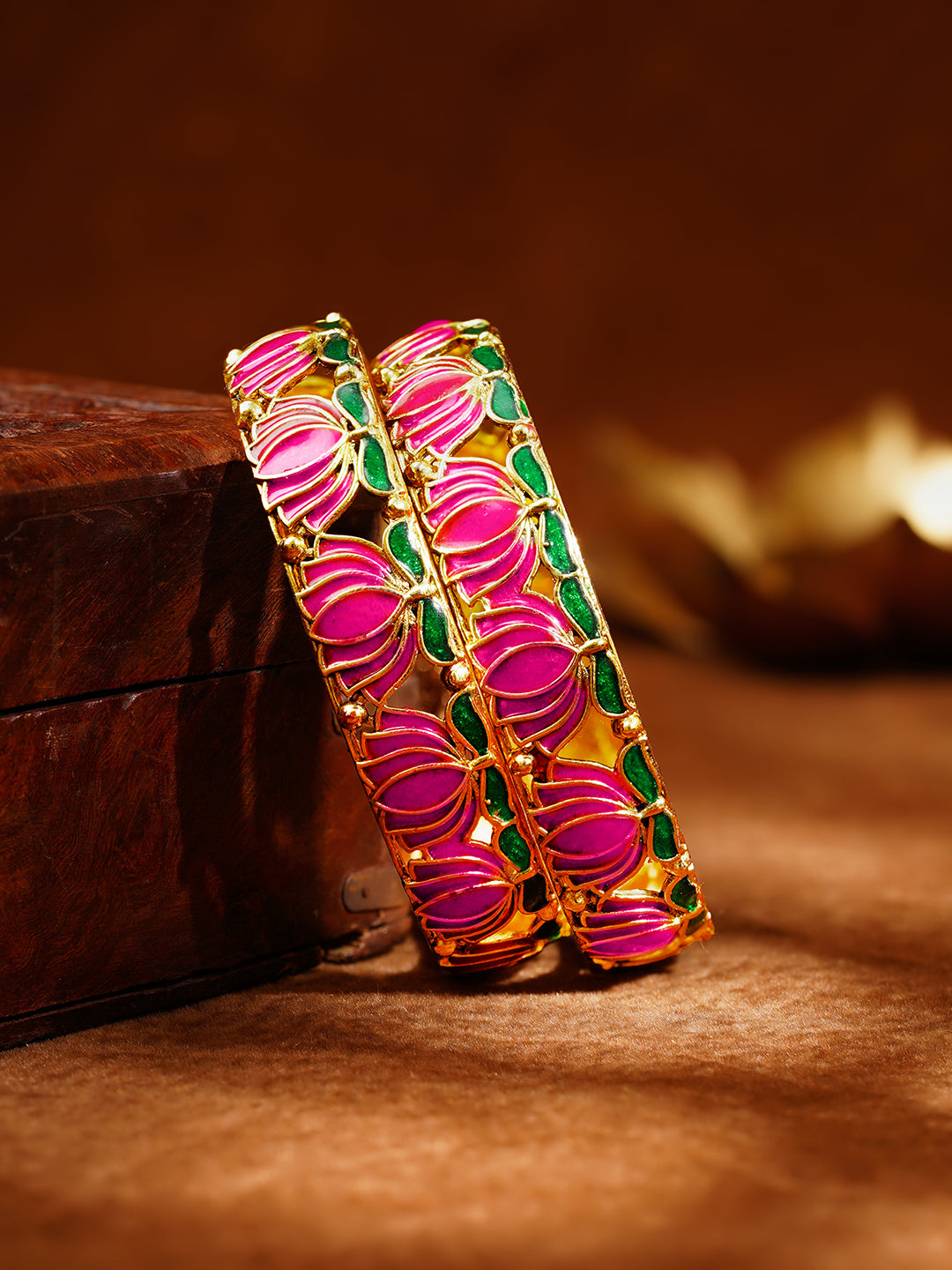 Set of 2 Gold Plated Pink Enamel Lotus Motif Bangles