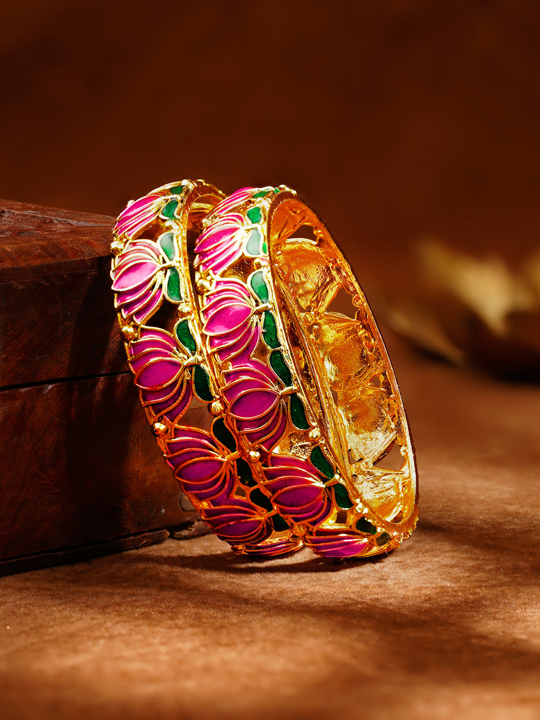 Set of 2 Gold Plated Pink Enamel Lotus Motif Bangles