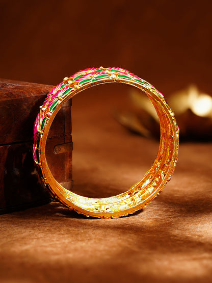 Set of 2 Gold Plated Pink Enamel Lotus Motif Bangles