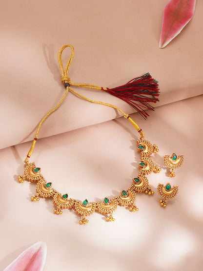 Gold Plated Green Kundan Crescent Moon Choker Necklace Set