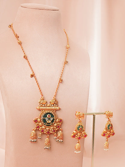 Gold Plated Elephant Motif Kundan Pendant Set