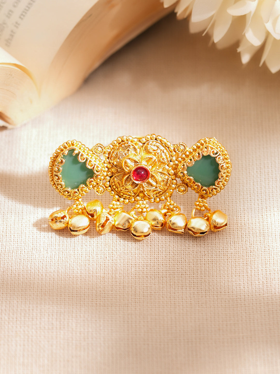 Gold Plated Kundan Emerald Green Ring With Ghungroo Drops