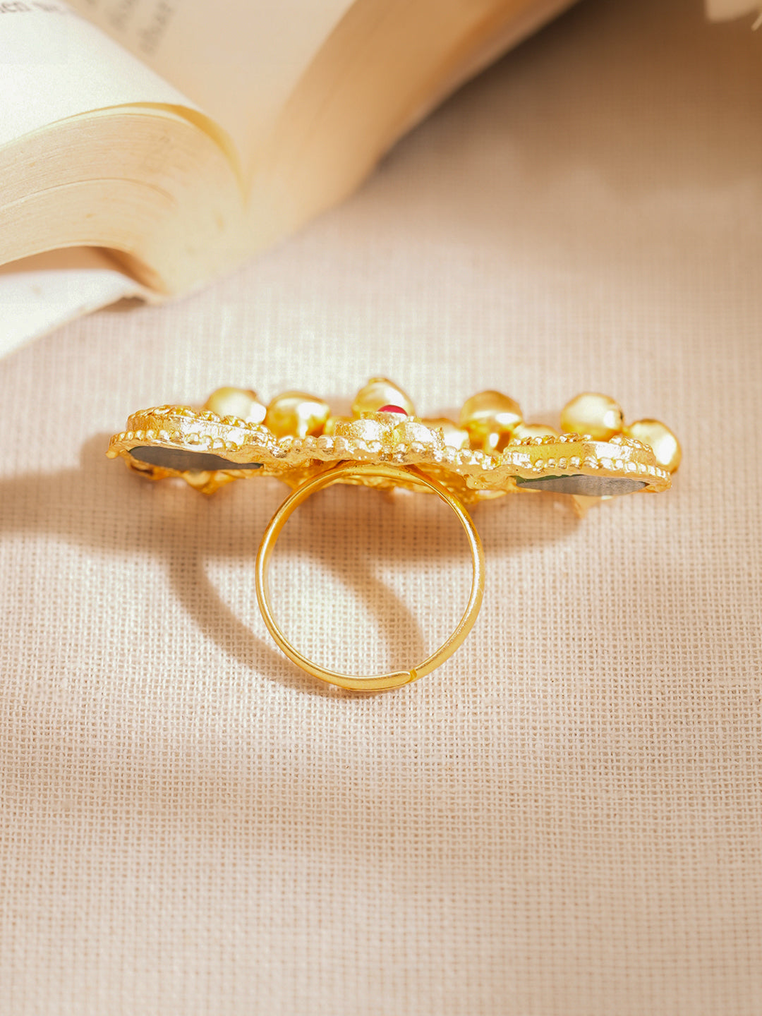 Gold Plated Kundan Emerald Green Ring With Ghungroo Drops