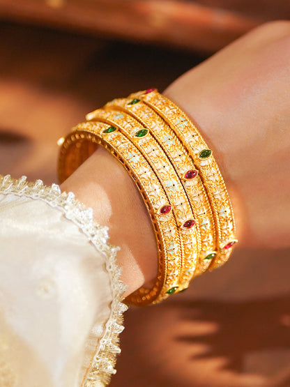 Set of 4 18K Gold-Plated Brass Multicolor Stones with Pastel Enamel Bangles