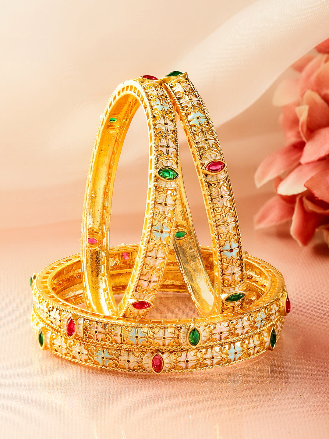 Set of 4 18K Gold-Plated Brass Multicolor Stones with Pastel Enamel Bangles