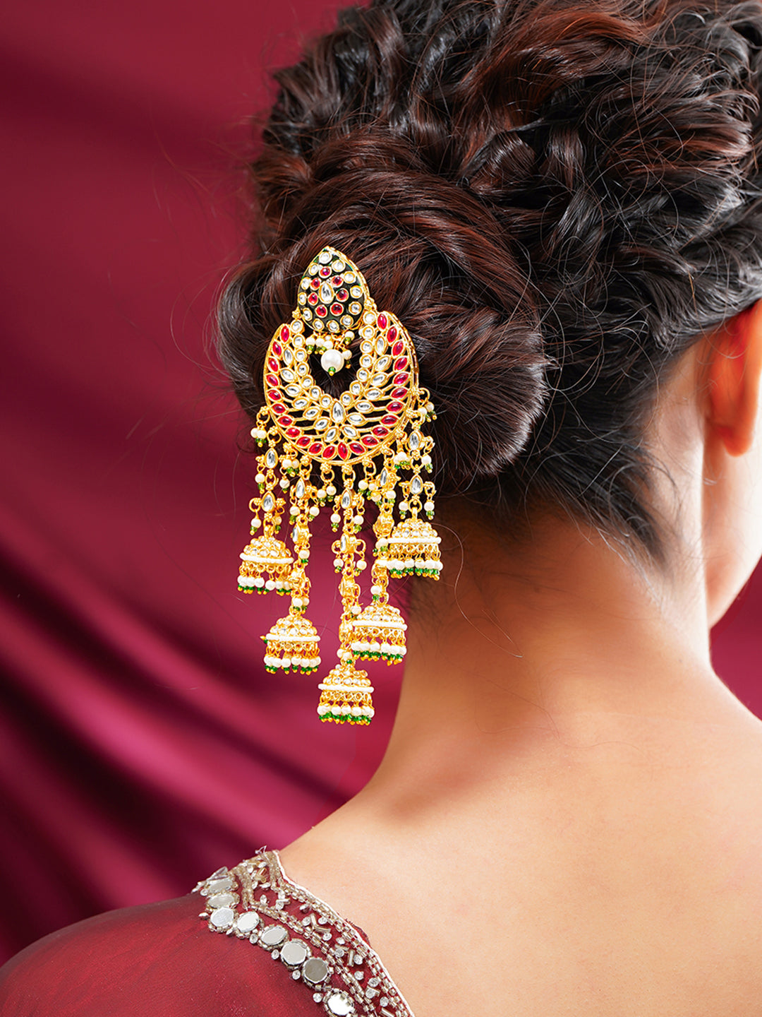 Gold Plated Kundan Pearl Beaded Multicolor Hair Accessory