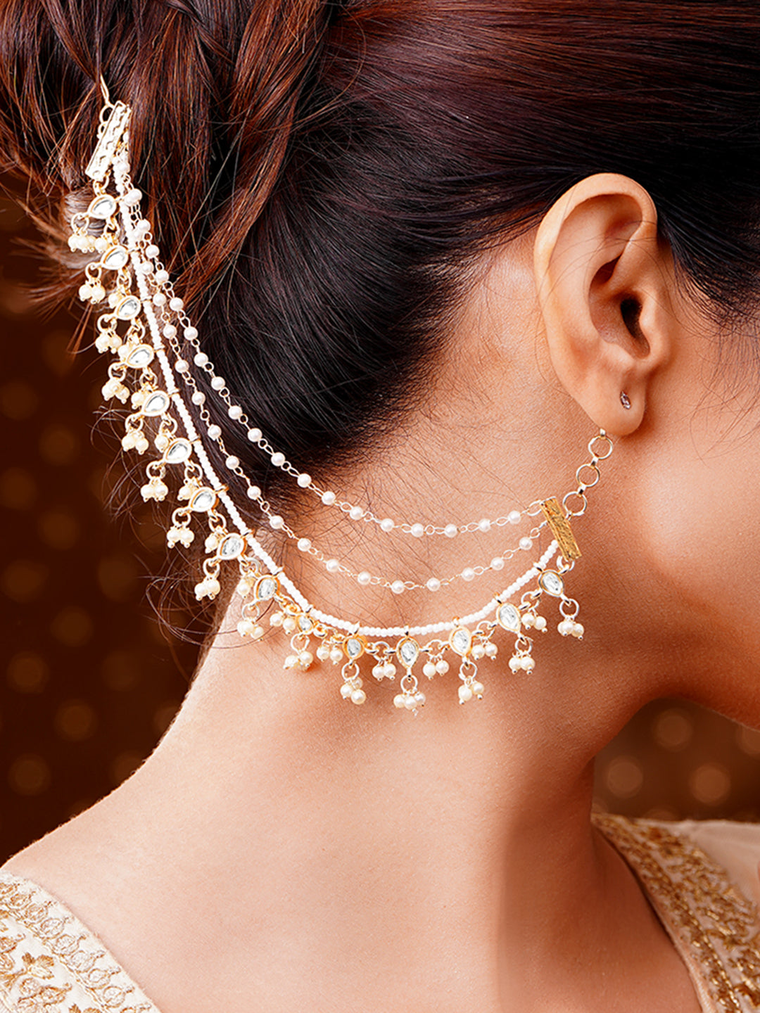 Set of 2 Gold Plated Pearl Beaded Kundan Layered Kaan Chain