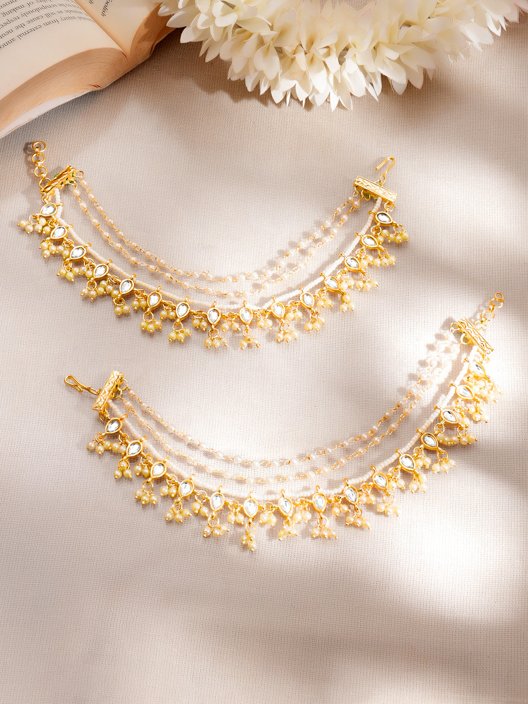 Set of 2 Gold Plated Pearl Beaded Kundan Layered Kaan Chain