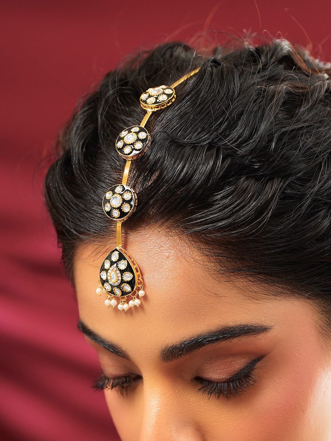 Gold Plated Black Enamel Kundan Bridal Maang Tikka