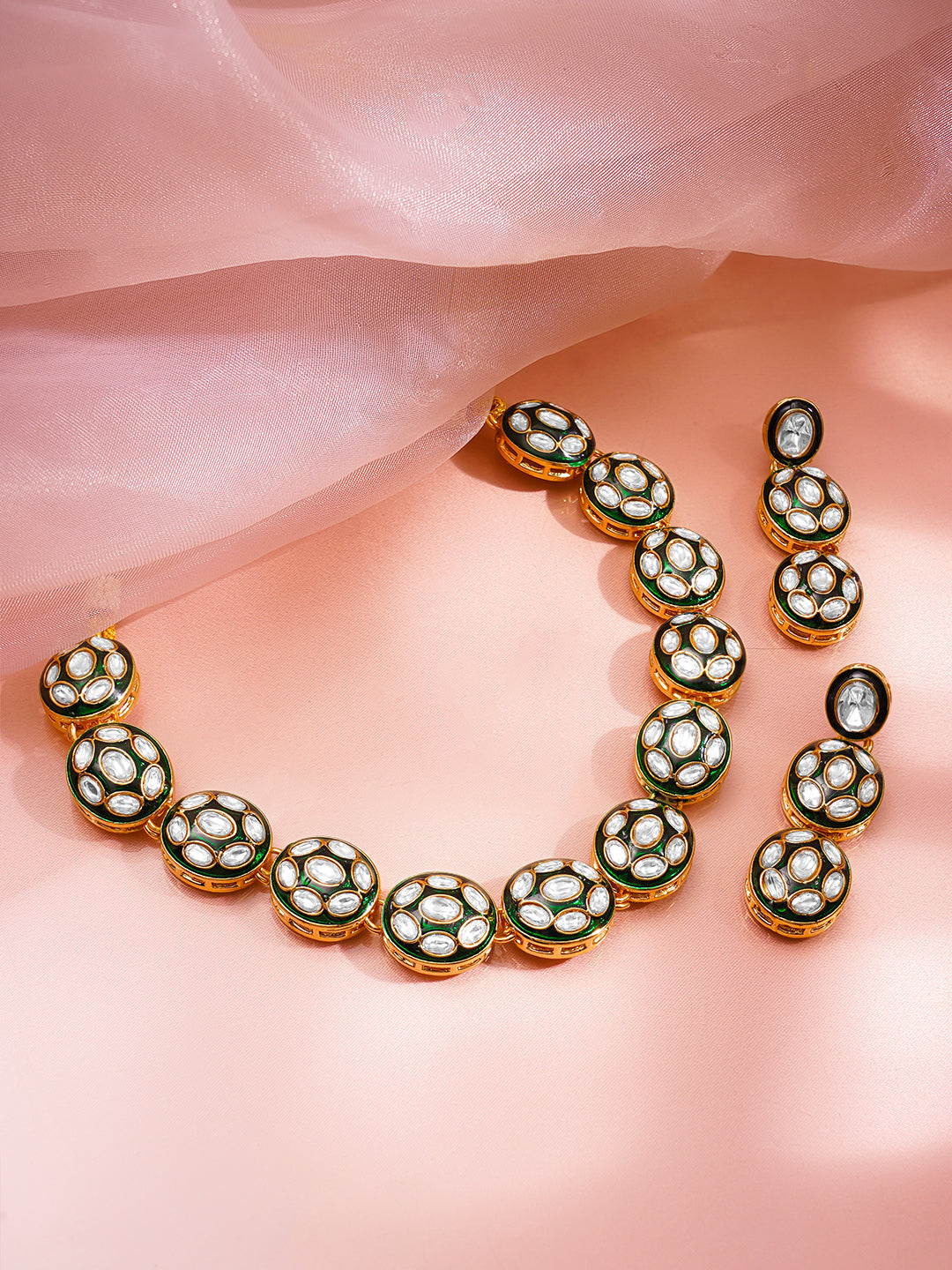 Gold Brass Kundan &amp; Enamel Statement 18K Gold Plated Necklace Set