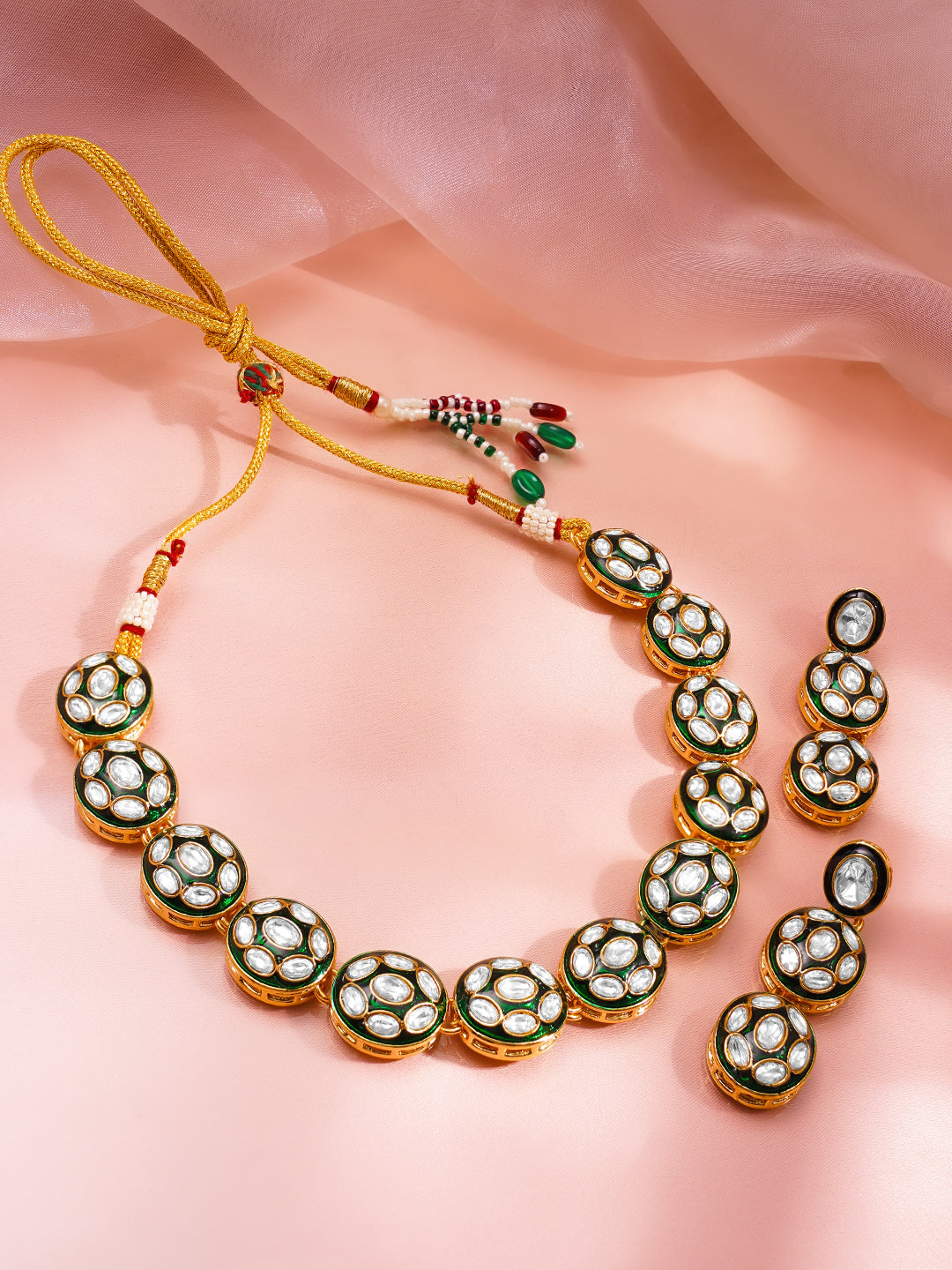 Gold Brass Kundan &amp; Enamel Statement 18K Gold Plated Necklace Set