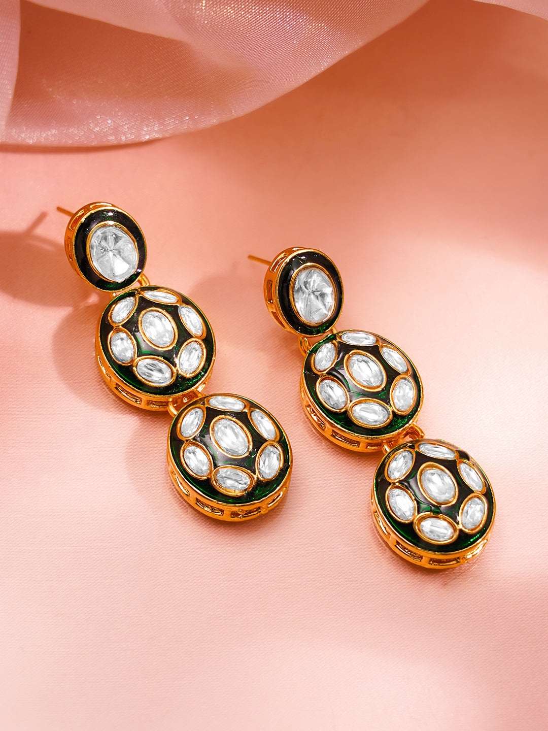 Gold Brass Kundan &amp; Enamel Statement 18K Gold Plated Necklace Set