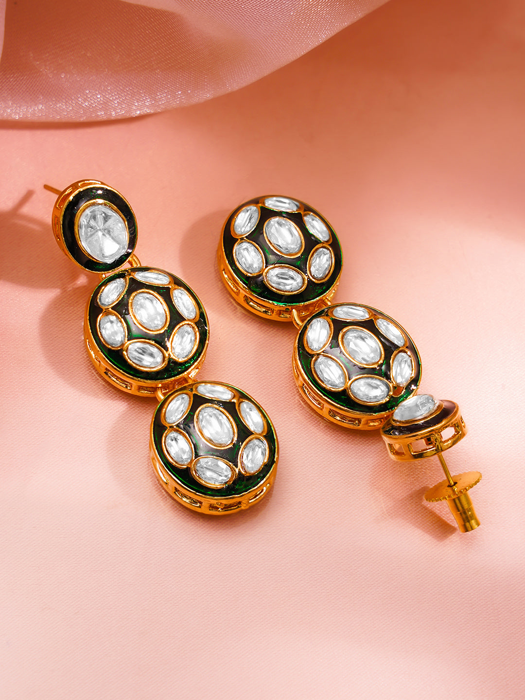 Gold Brass Kundan &amp; Enamel Statement 18K Gold Plated Necklace Set
