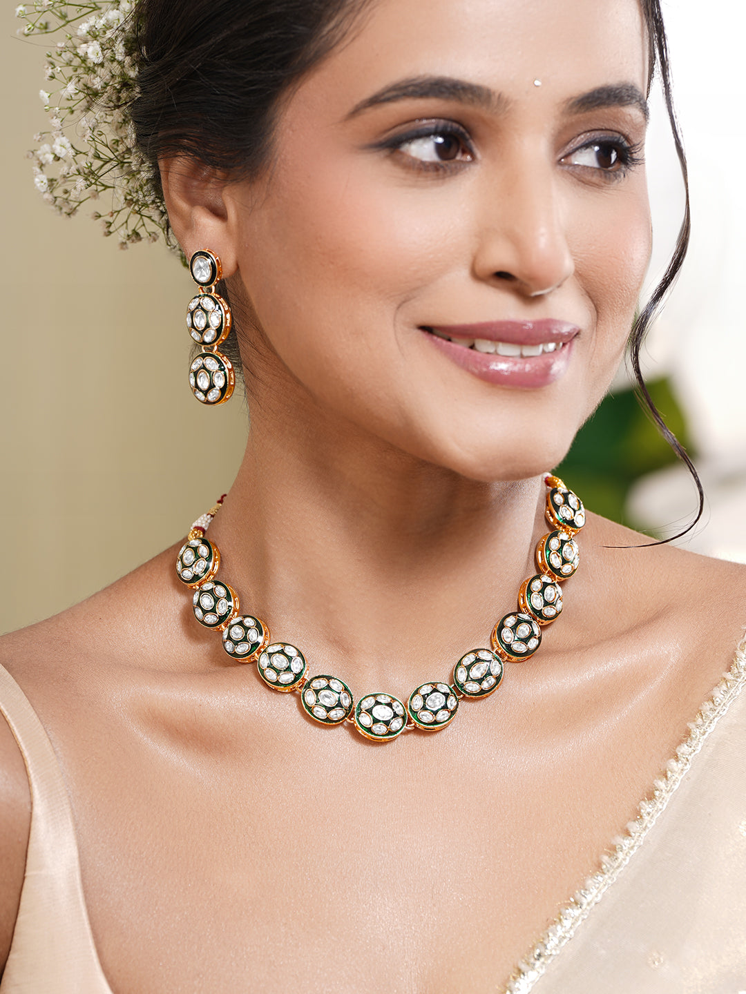 Gold Brass Kundan &amp; Enamel Statement 18K Gold Plated Necklace Set