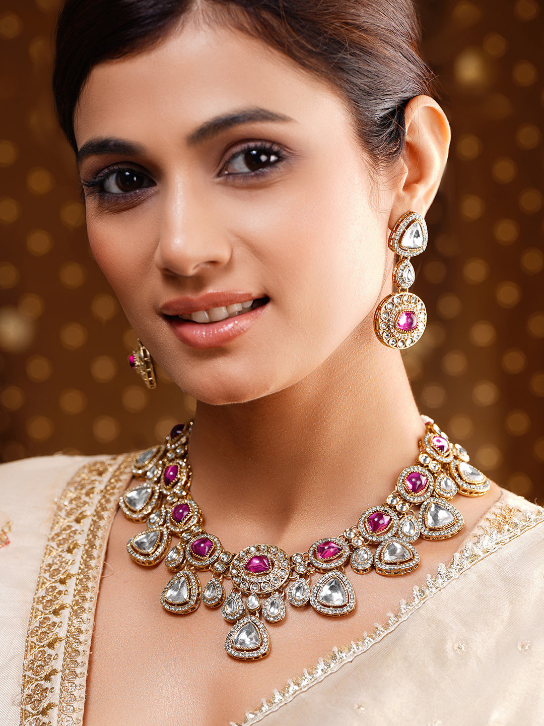 Luxury Magenta Kundan Bridal Necklace Set