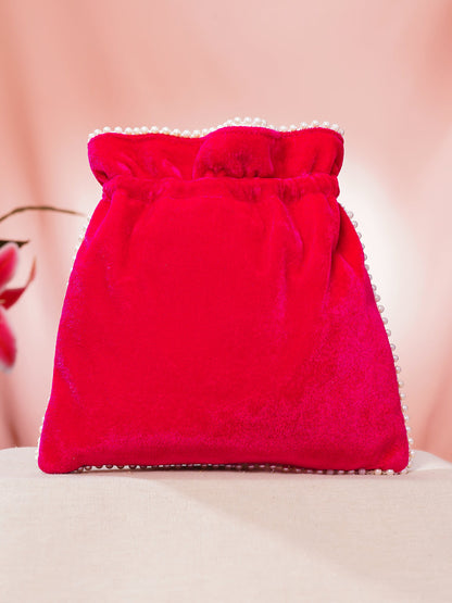 Pink Embroidered Pearl Embellished Potli Bag