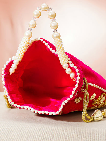 Pink Embroidered Pearl Embellished Potli Bag