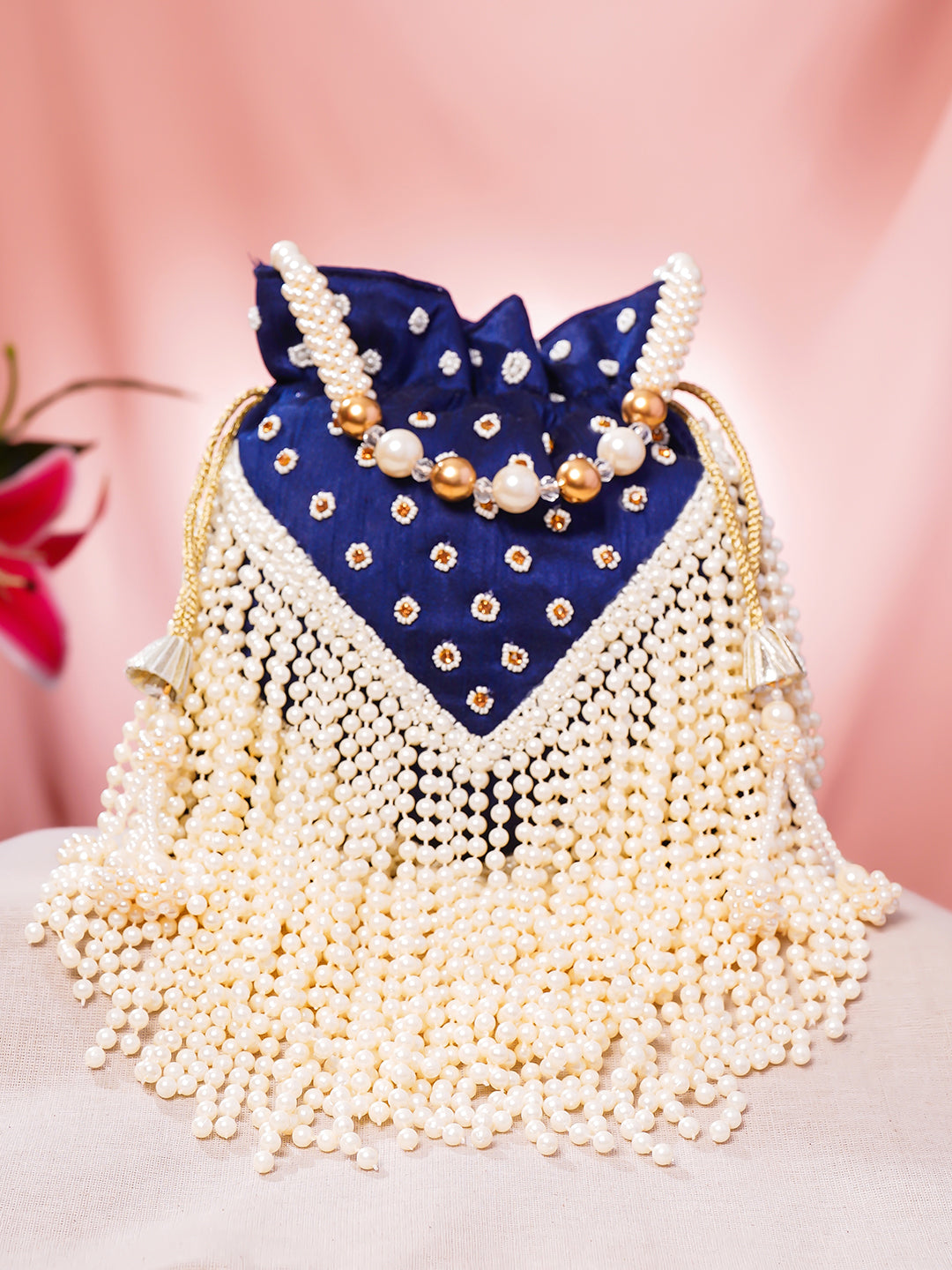 Navy Blue Pearl Embellished Embroidered Potli Bag