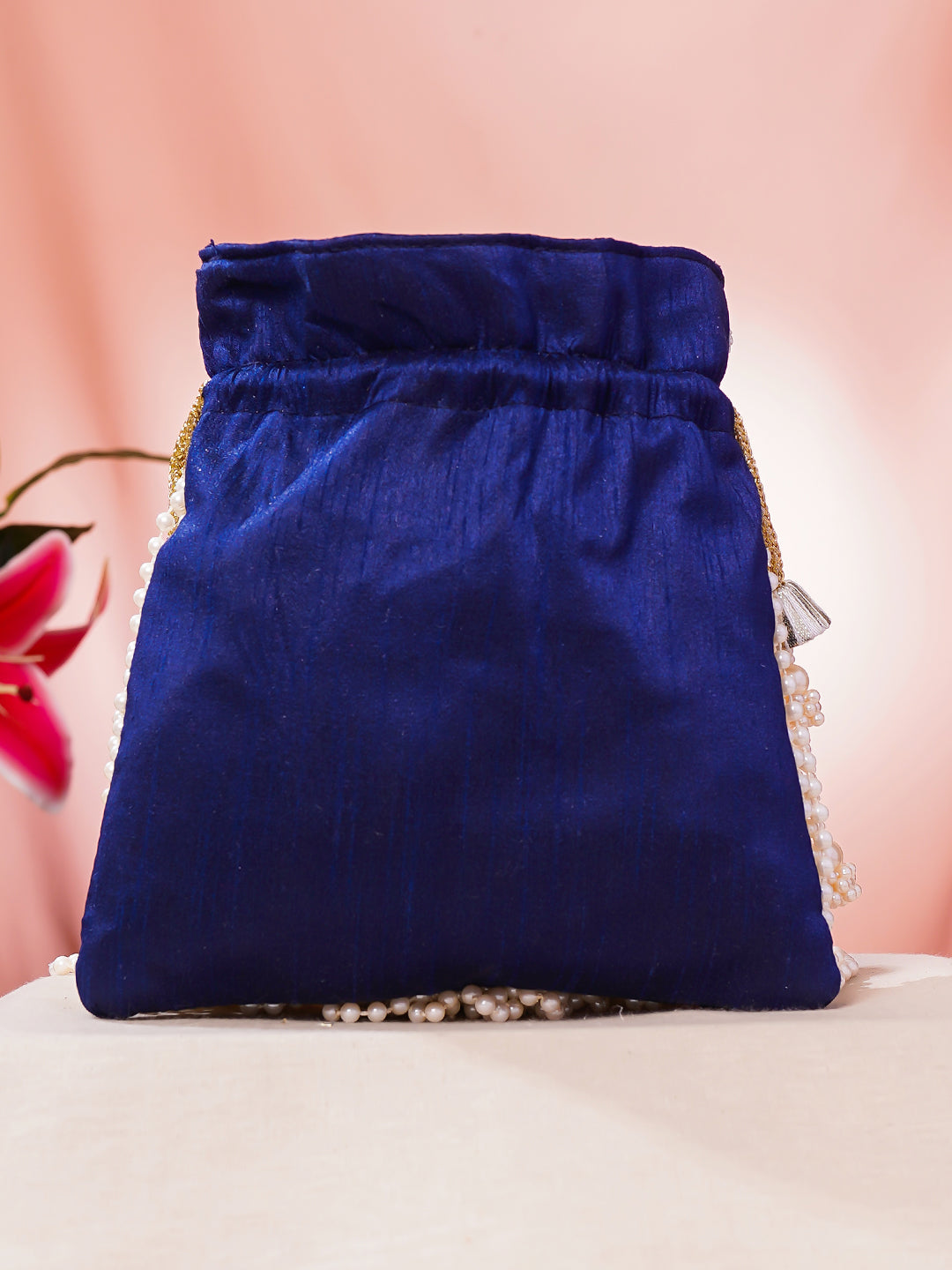 Navy Blue Pearl Embellished Embroidered Potli Bag