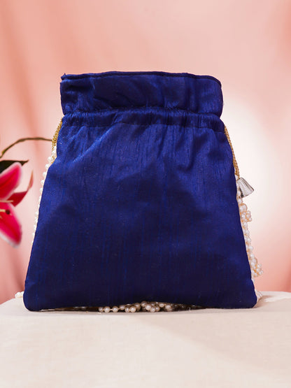Navy Blue Pearl Embellished Embroidered Potli Bag