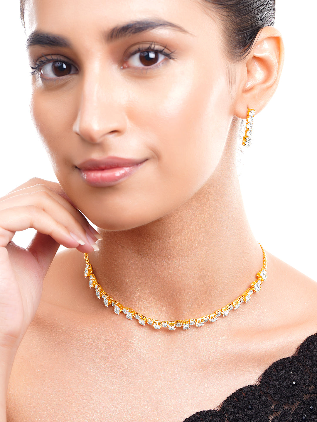 Gold Plated Crystal Baguette Choker Necklace Set
