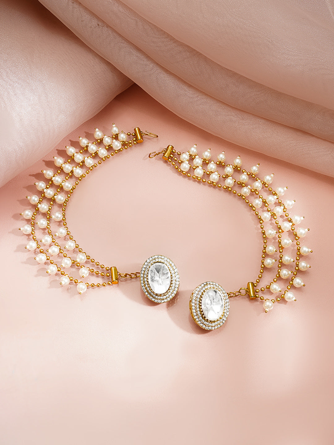Gold Plated Pearl Detailed Kundan Kaan Chain