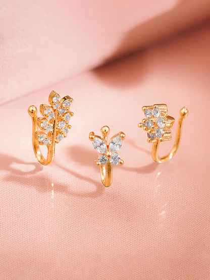 Set of 3 Gold Plated Floral American Diamond Zirconia Nose Accessories