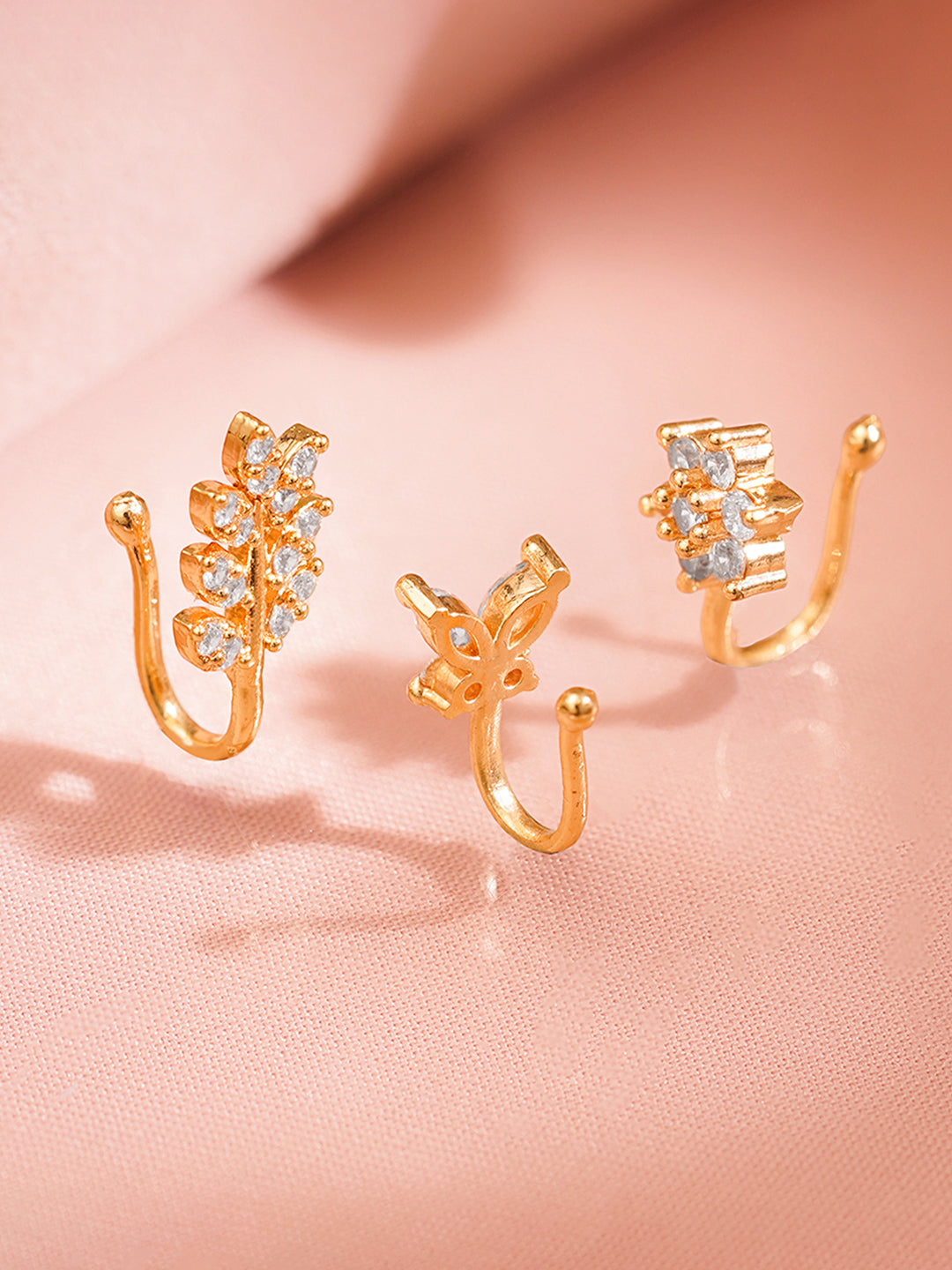 Set of 3 Gold Plated Floral American Diamond Zirconia Nose Accessories