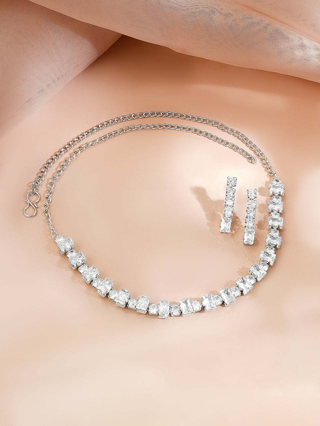 Rhodium Plated Crystal Baguette Choker Necklace Set