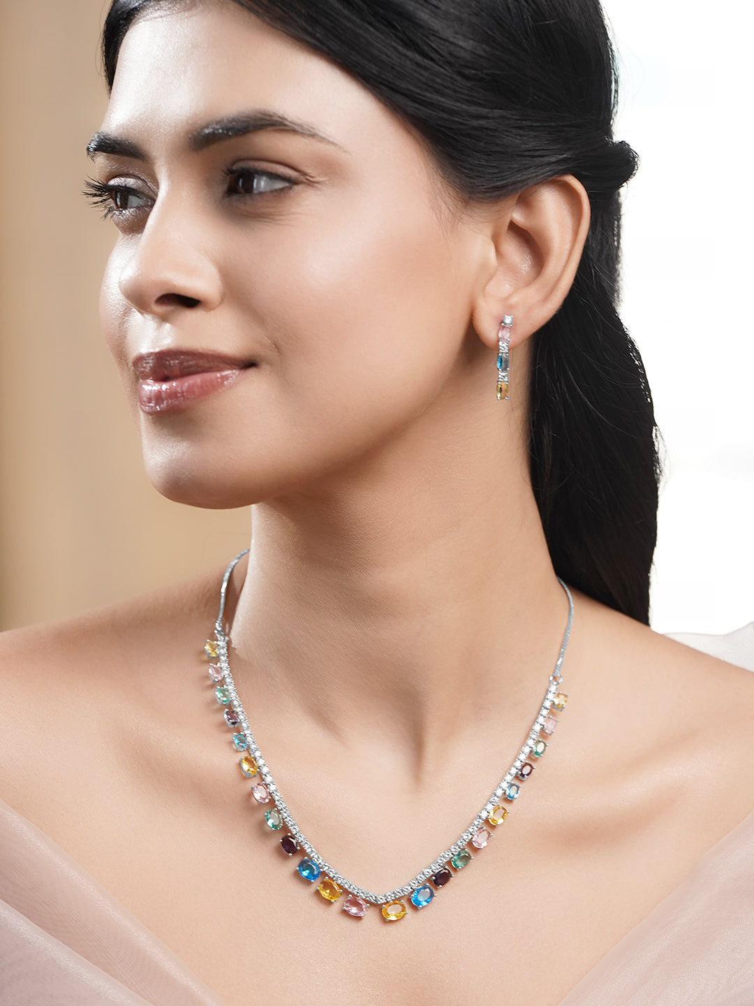 Rhodium Plated American Diamond Zirconia Multicolor Necklace Set