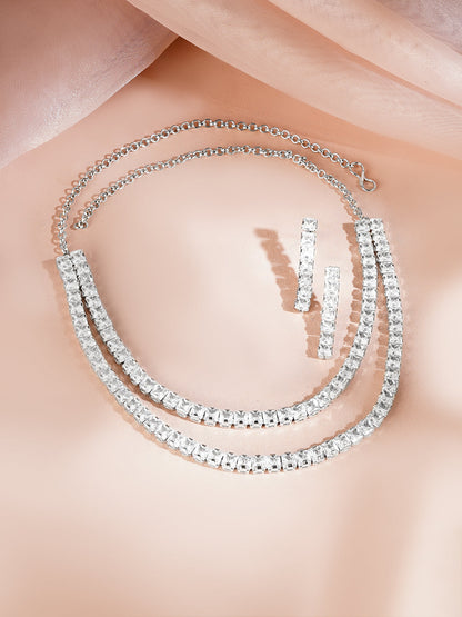 Rhodium Plated Layered American Diamond Statement Necklace Set