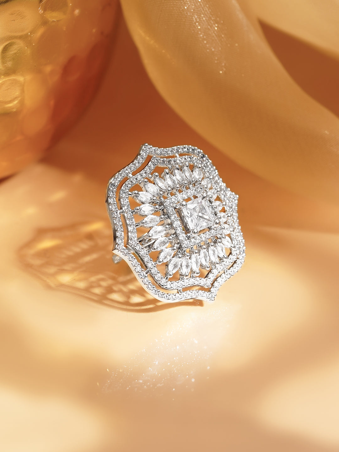 American Diamond Floral Statement Adjustable Ring
