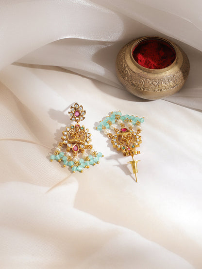 Gold Plated Kundan Blue Beaded Laxmi Motif Necklace Set